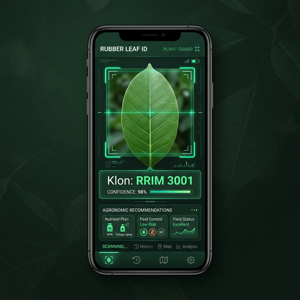 Paparan aplikasi Rubber Clone AI memaparkan hasil pengecaman klon daun getah RRIM 3001 dengan kadar keyakinan 98% berserta cadangan agronomi